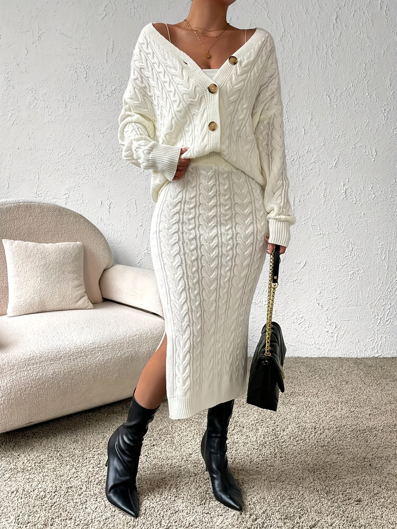 Elegant White Slit Skirt Knit Outfit