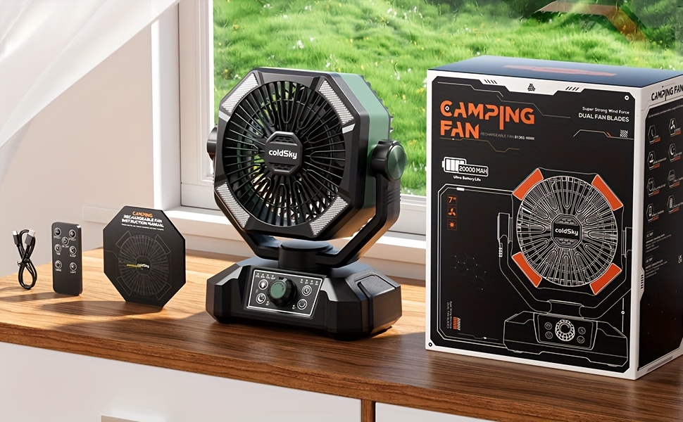 20000mah battery powered camping fan dual motor 8 speed with remote led lanterns portable outdoor fan with hook for outage construction site details 1