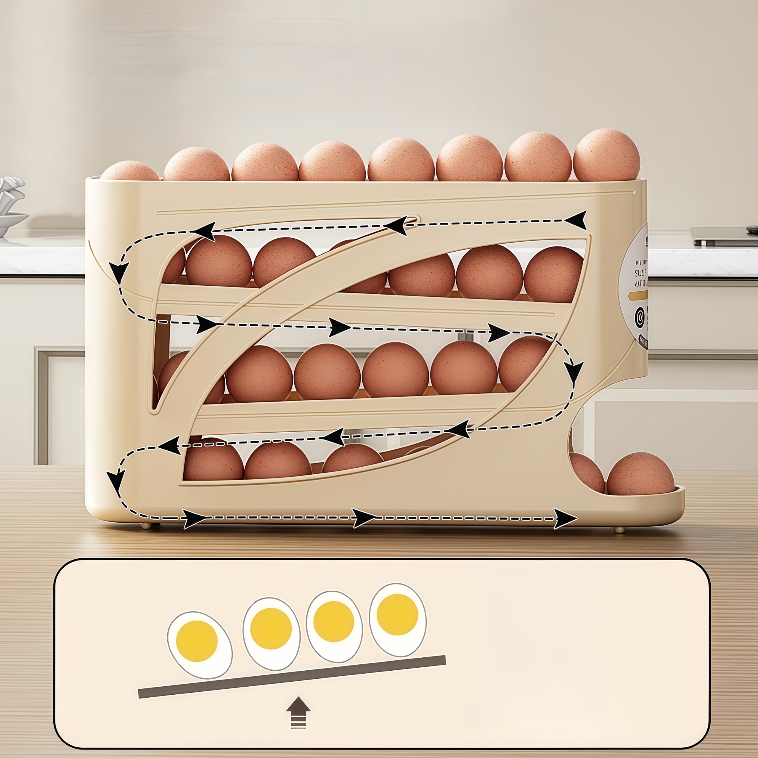 Présentoir à œufs roulant à 4 niveaux - Conception de porte latérale peu encombrante, peut contenir 30 œufs, surface lisse et brillante, poignée pratique | Convient pour le rangement dans la cuisine et le réfrigérateur | Ajouts de cuisine modernes | Matériau plastique durable