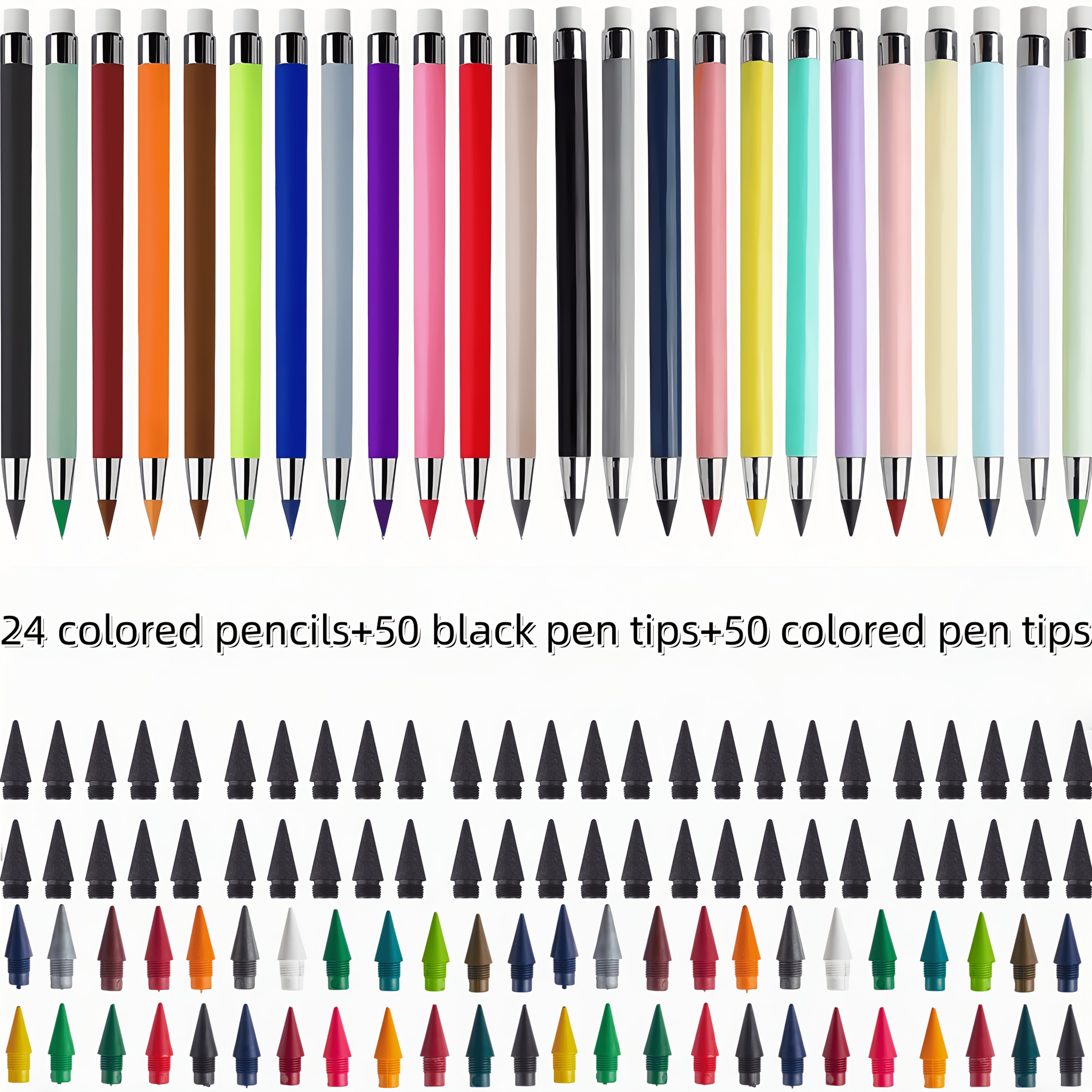 Image of 24 Colored Pencils + 50 Colored Pencil Leads + 50 Black Leads, 0.5mm Hb Inkless Magic Pencils, Unbreakable Pencils, No Sharpening Required, Suitable For Sketching, Painting, And Professional Art Use