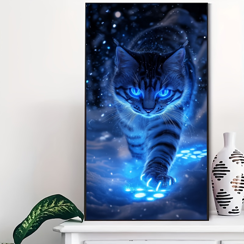 

1pc 5d Diamond Painting Kit - Glowing Cat In The Dark - Round Canvas Art - Animal Theme Embroidery Stitch Wall Decor Craft Gift