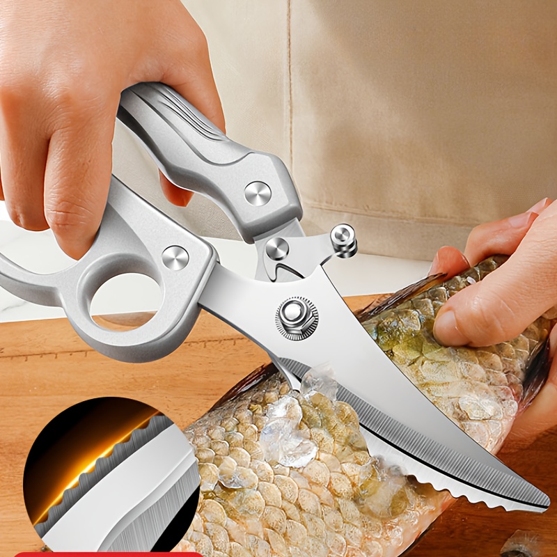 1pc Heavy-Duty Kitchen Shears with Spring-Loaded Ejector & Non-Slip Ergonomic Handle - Food-Grade Stainless Steel Multi-Purpose Cooking Scissors for Chicken Bones, Fish Spines, Hard Shells, Poultry, Meat, Vegetables - Effortless Kitchen Tool for Home & Professional Chefs