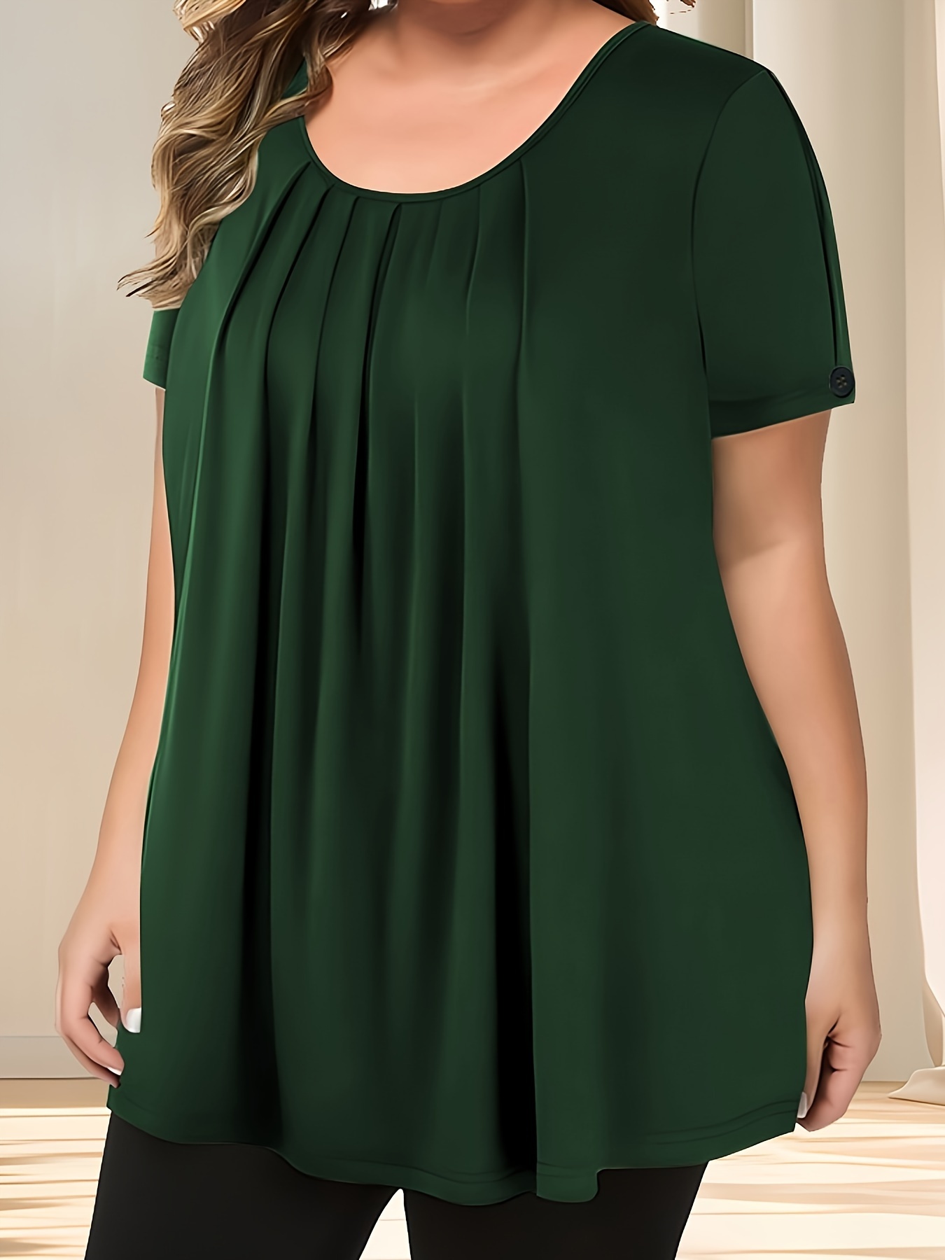 Women'S Casual Crew Neck Short Sleeve Blouse, Solid Color Plus Size, Lightweight Polyester with Subtle Stretch, Flared Hem, Spring/Summer Fashion Top, Casual Wear Blouse | Elegant Plus Size | Simple Eleganc