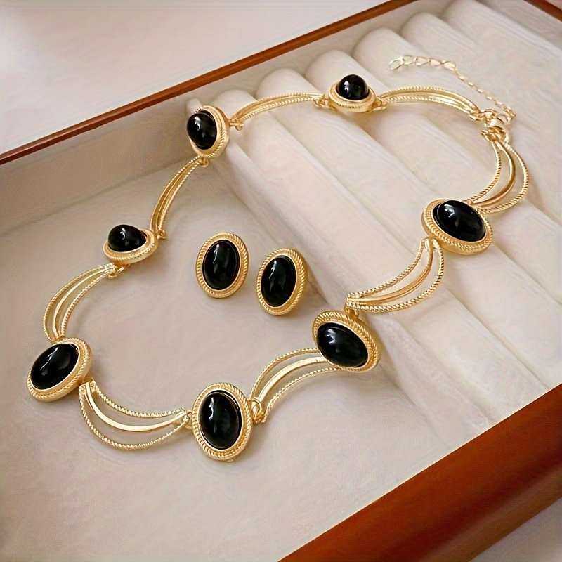 

Vintage Bohemian Style Golden Necklace & Earrings With Black Oval Accents - Alloy, Ideal For & Gifting, Necklace And Earring Set