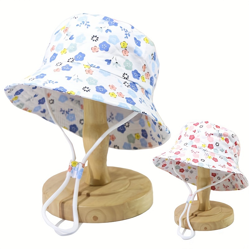 

1pc Floral Pattern Bucket Hat, With Chin Strap, For Children, Sun Protection, Pure Cotton