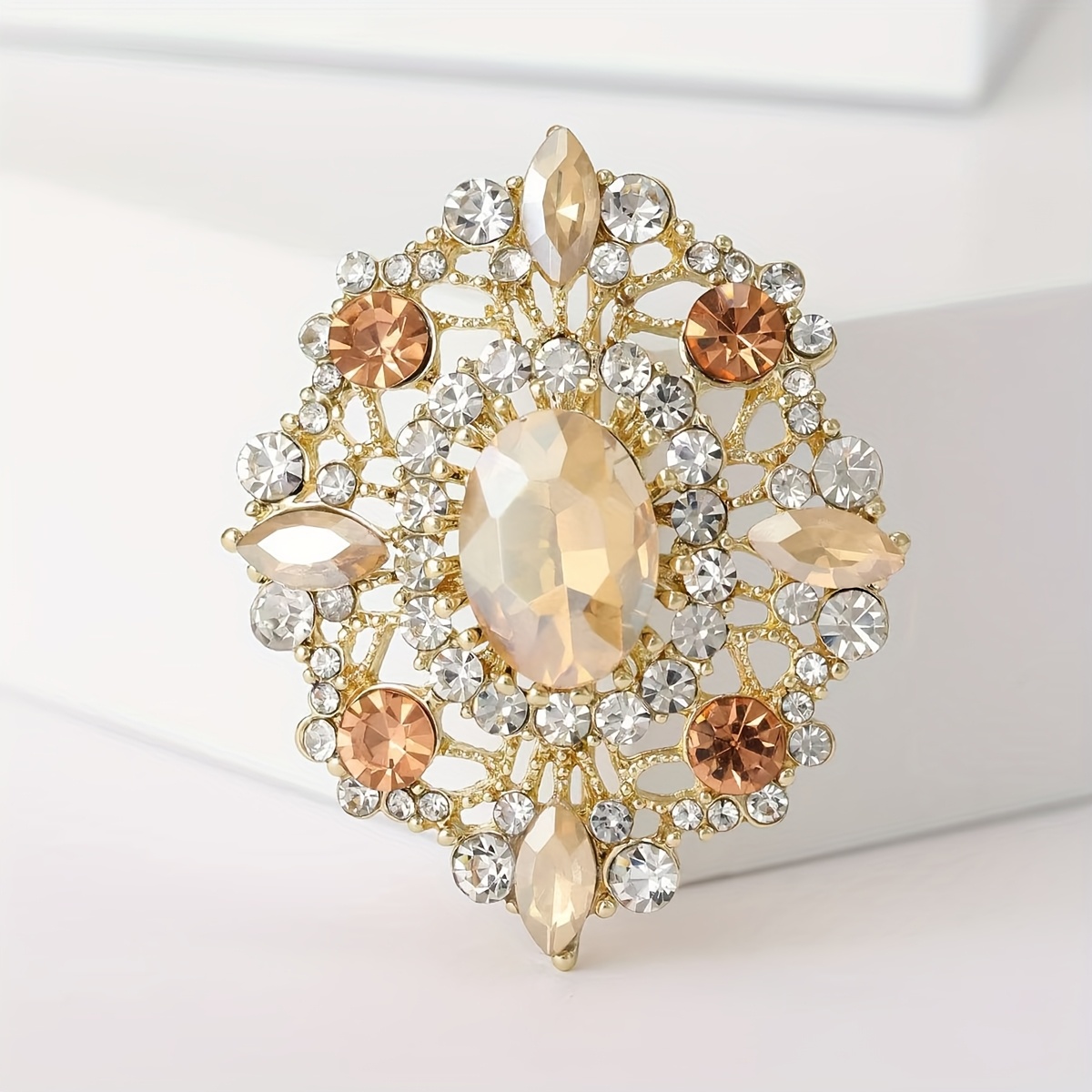 TEMU broche de moda ovalado con pedrería para mujer, botón de chal de aleación con retro de corte, accesorios, regalo de Navidad