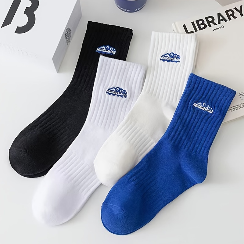 

4 Pairs Of Men's Knitted Fashion Alphabet Pattern Crew Socks, Comfy & Breathable Elastic Socks, For Daily Wearing