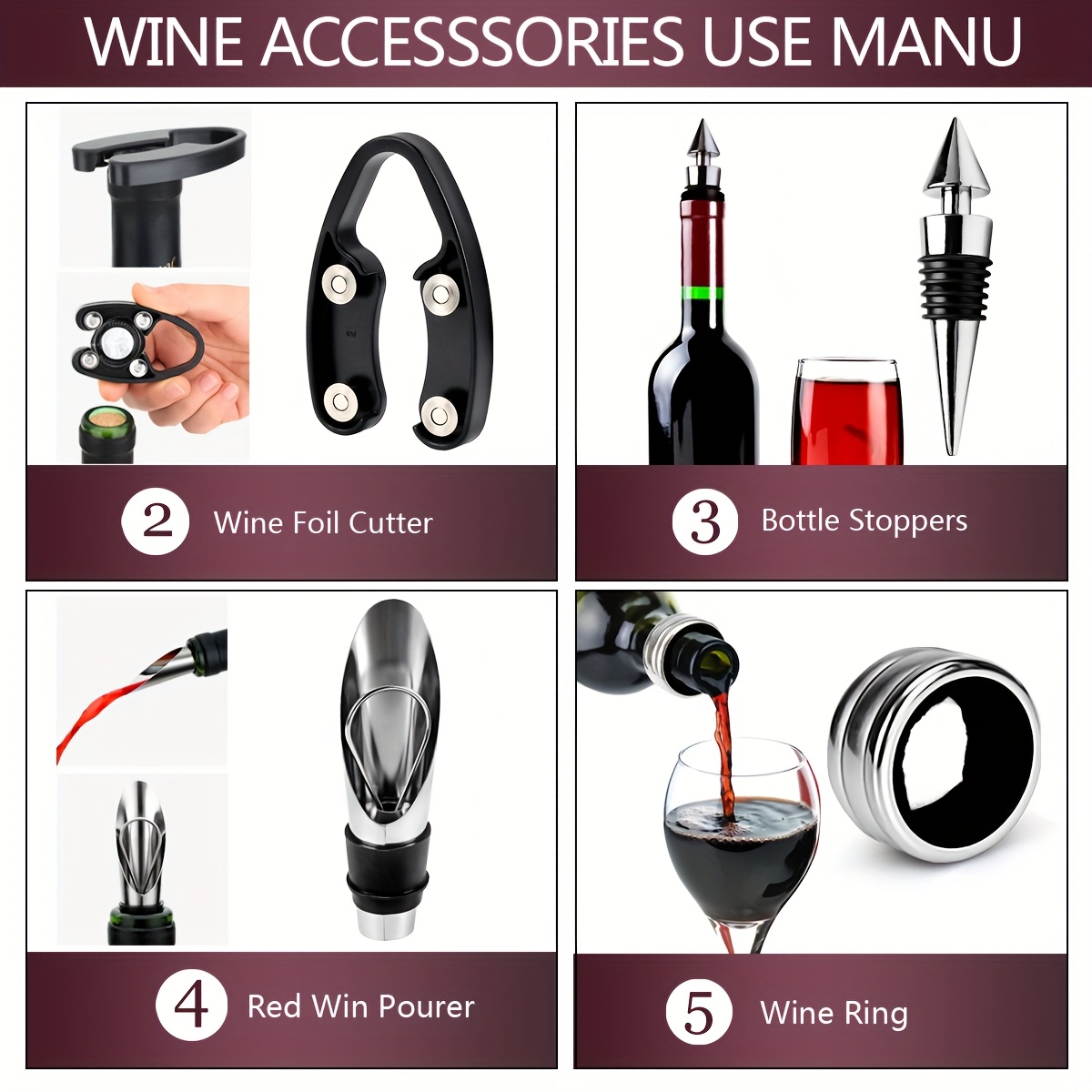 5件套酒桶风格开瓶器套装 - 包括开瓶器、铝箔切割器、倒酒器、滴漏环和塞子 - 完美适用于厨房和餐厅使用 详情 4