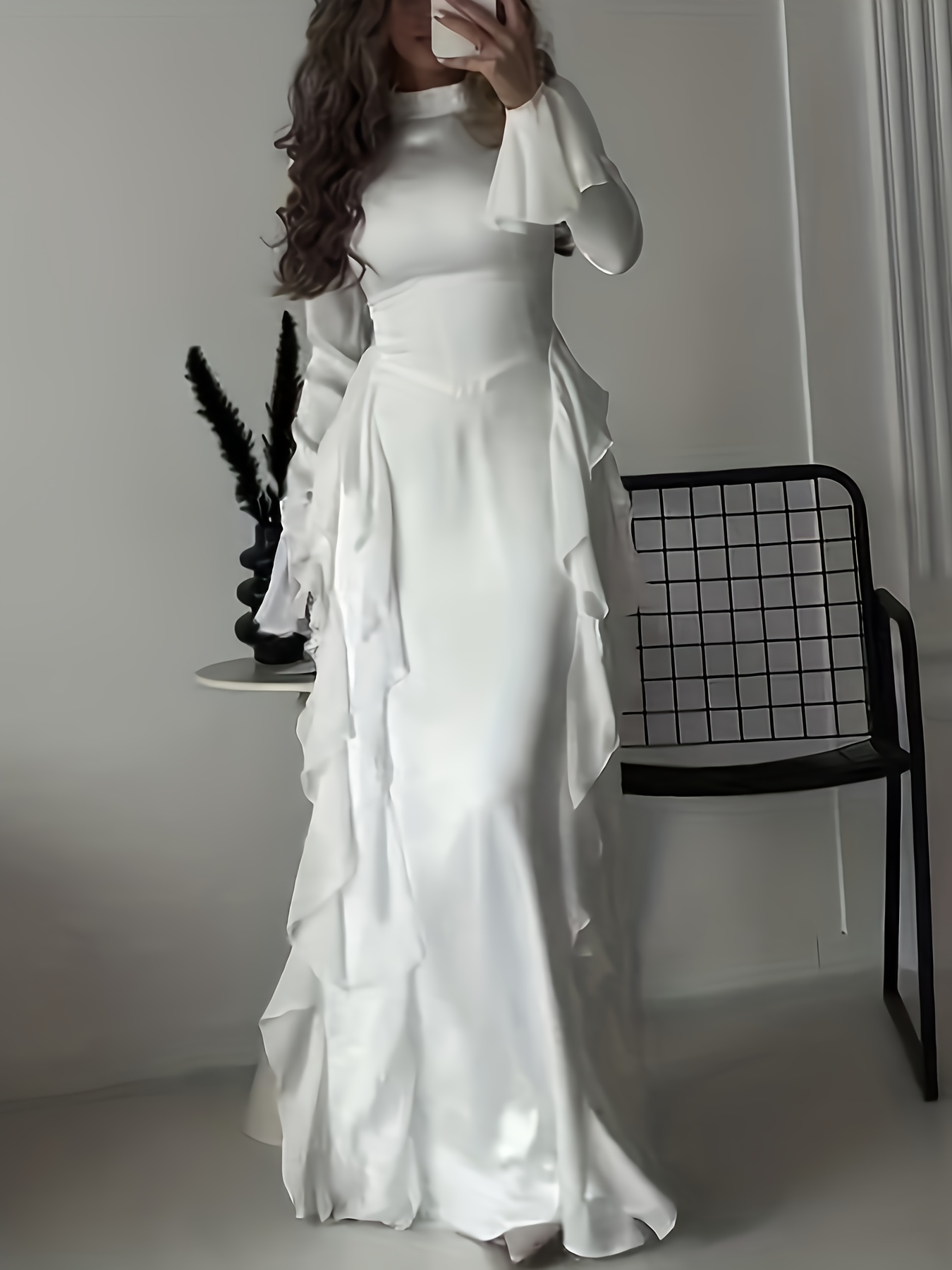 ' Elegant * high neck Bell Sleeve Maxi Dress - Lace Semi-Sheer suitable for  - Wedding Guest Gown, Prom Dress, Church Attire - Machine Washable Long  Dress