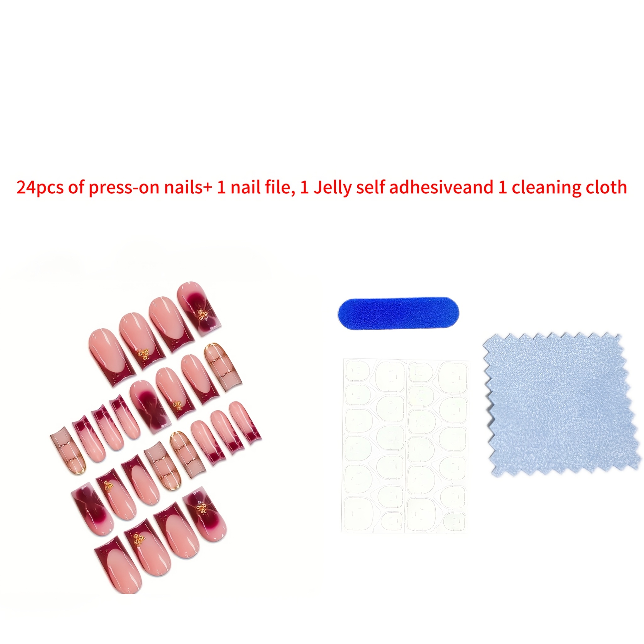 TEMU 27pcs Contains 24 Nail Tips, 1 Nail File, 1 Sheet Of Jelly Self-adhesive Tabs And 1 Cleaning Cloth Featuring Golden And Red Trendy Stripes,