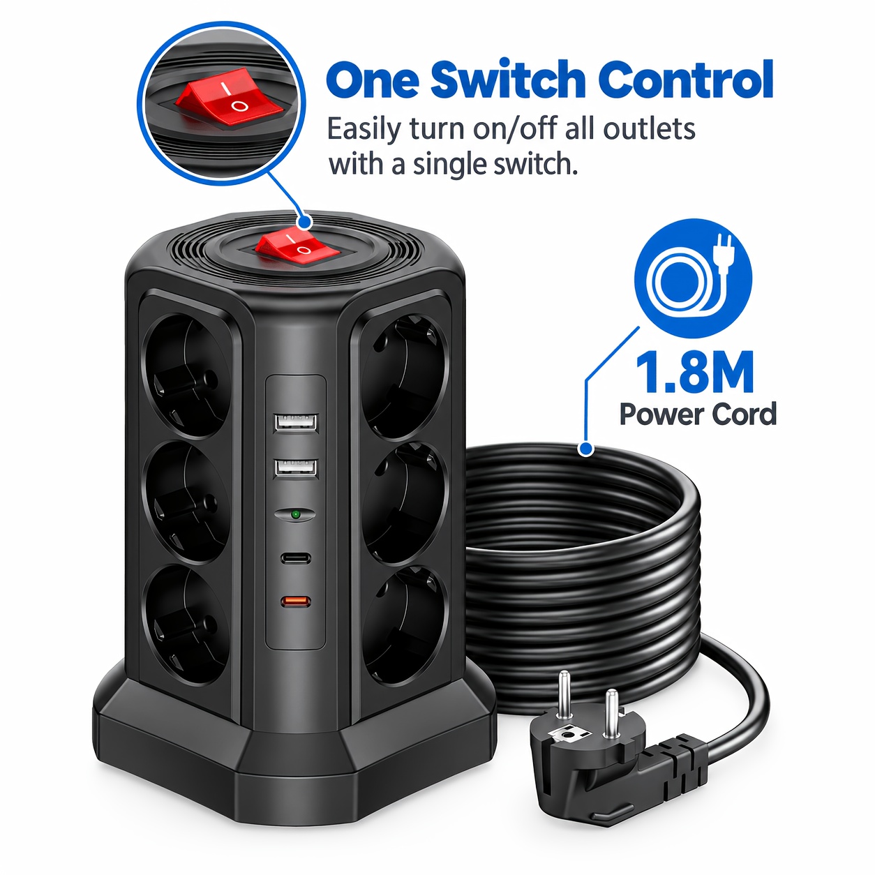 Image of Power Strip Tower With 12 Ac Outlets, 2 Usb- Usb-c Pd 20w, Extension Cord, Multi-plug Tower Socket With Single Switch Control, Strip For Home, Office & Desk
