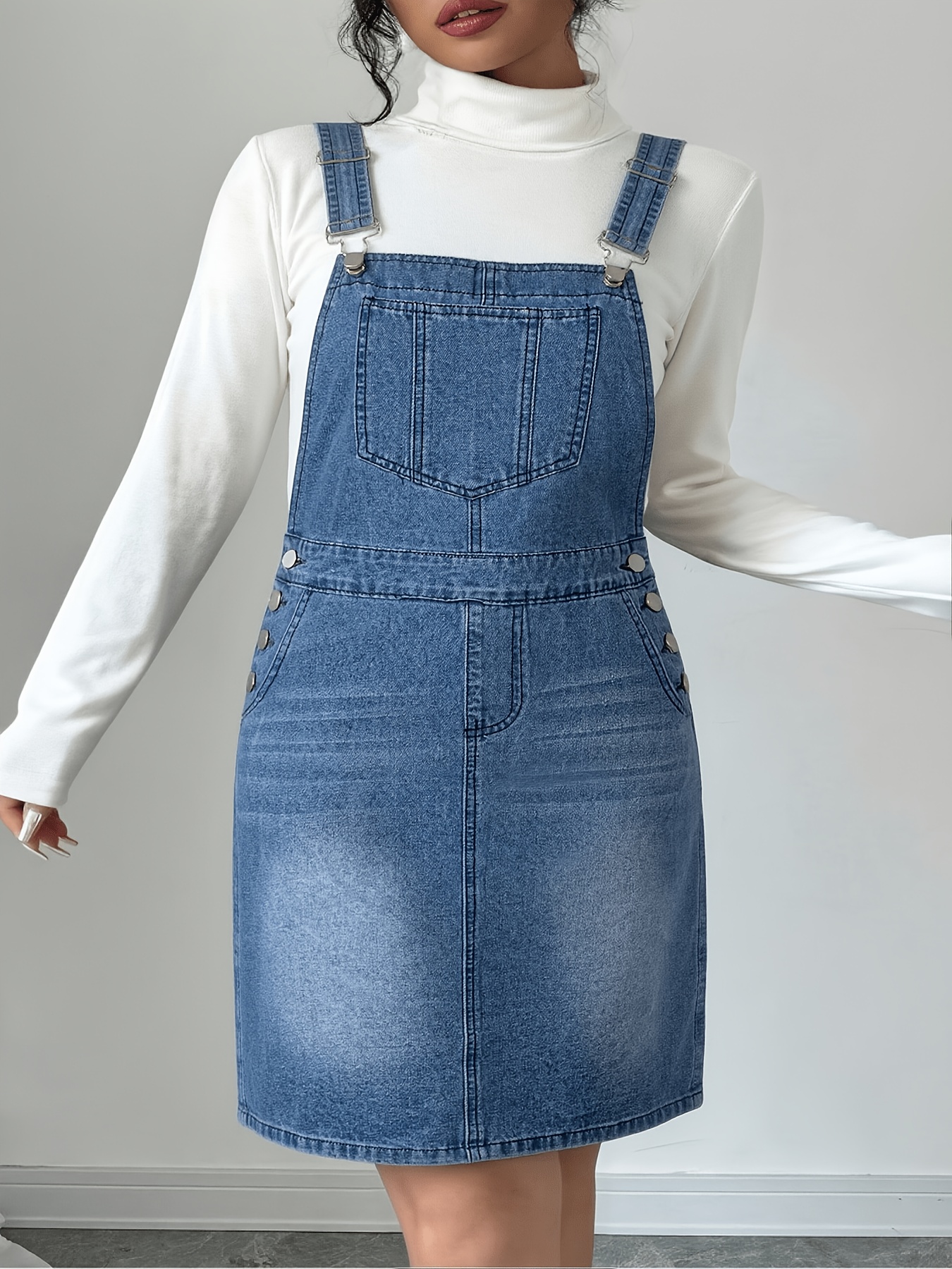 denim jumper dress knee length overall sold on Temu United States Color/Print Name:Onyx Big Irv givenchy little black dress ✨🌞🪴 BEAUTIFUL vintage Sage Overall skirt denim front placket