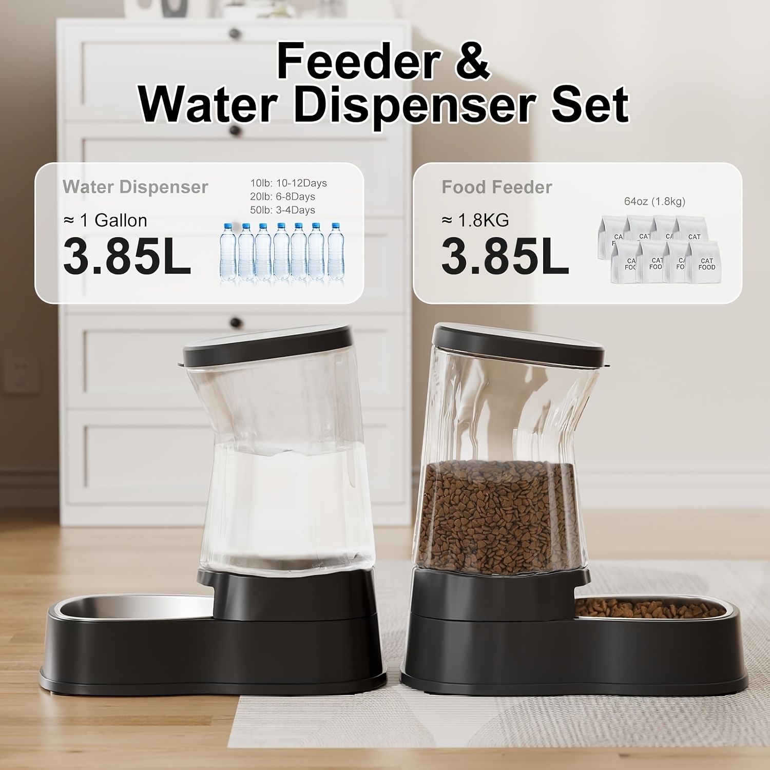 Image of Automatic Dog Feeder And Water Dispenser With A Large Capacity Of 3.85 , Featuring Stainless Steel Bowls And A Filter, Suitable For Small To Medium-sized Pets At For Home Or In Cages, Without Battery
