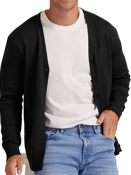 2025 new mens solid color spring autumn knit cardigan v neck outerwear youth knit sweater coat