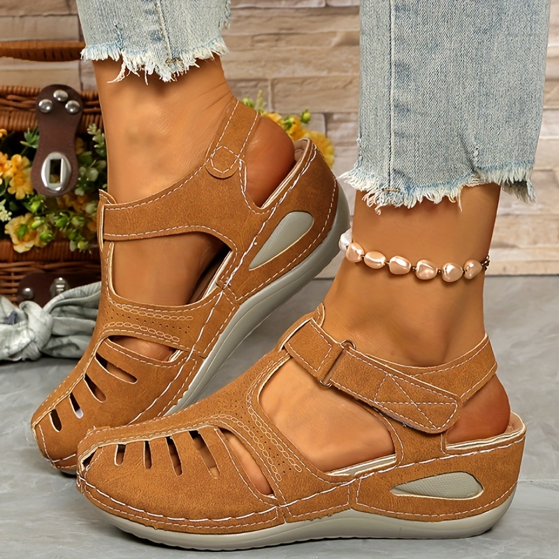 ladies leisure wedge sandals white synthetic cover middle heel with round head hollowed out design breathable and comfortable wear easy to and close durable pu sole fashion versatile shoes and lace up sandals details 5