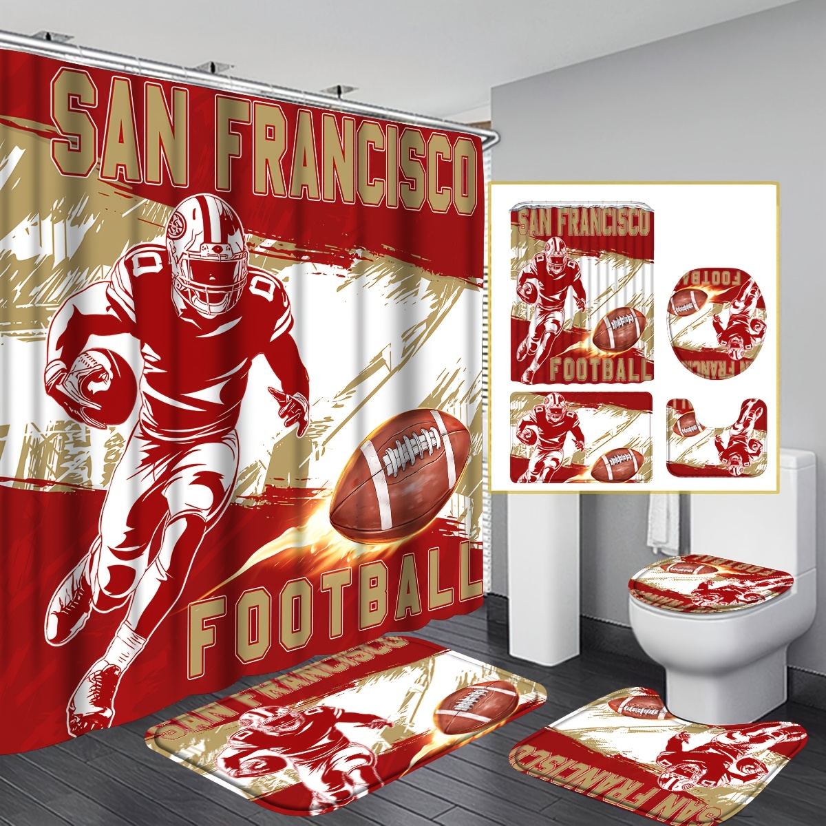 TEMU 4pcs San Francisco Football Team Shower Curtain Sets Gifts, Themed Bathroom Decor, Football Themed Shower With 12 Hooks, Non-slip Bathroom Rug,