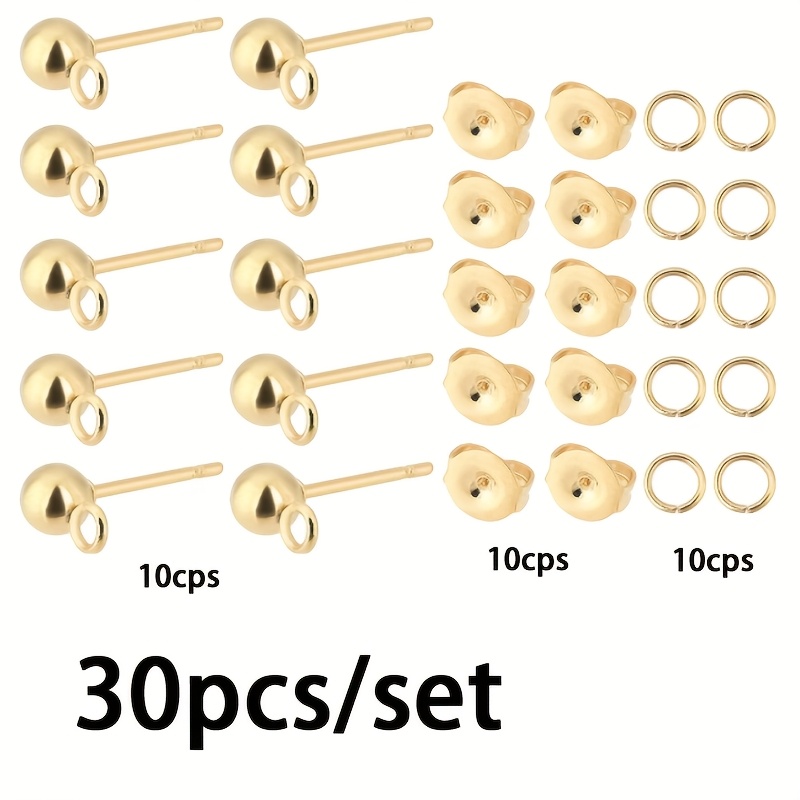 E-shop 30 Stk./Set 18K Vergoldenete Kugelstift Ohrring Stecker | Kupfer Ohrring Stecker mit Schlaufe, Offene Biegeringe, Ohrmuttern für Bastelarbeiten,