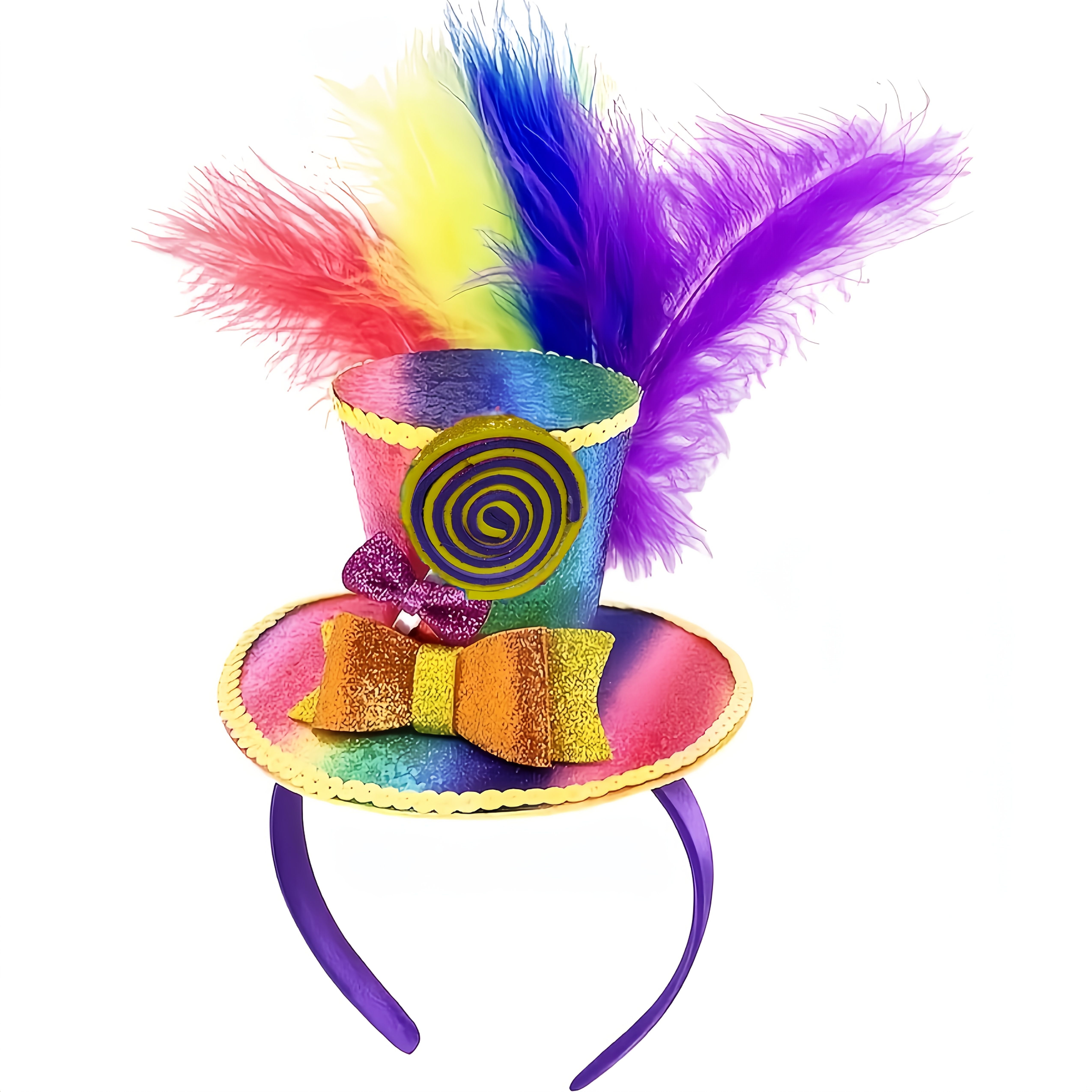 Rainbow Gradient Feather Top Hat, With Multicolor Artificial Feathers And Bow - ' Elastic -spandex Party Hat, Birthday Photo Prop Costume Accessory, Hat Accessory