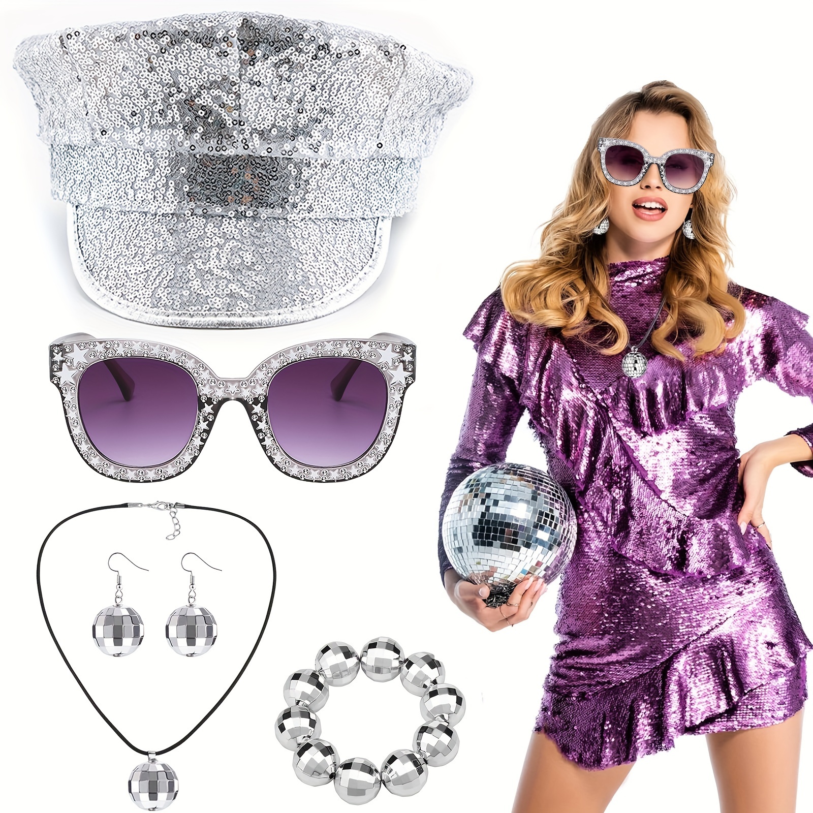 70s Silver Sequin Disco Costume Set Women Party Accessories - Temu