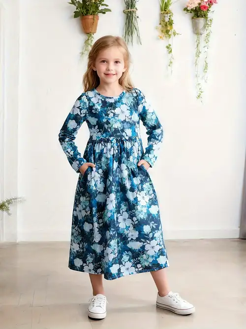 Spring * Blue Print Girls' Long Sleeve Dress, Loose Floor-Length Dress for Children's Back-to-* Spring * Blue Print Girls' Long Sleeve Dress, Loose Floor-Length Dress for Children's Back-to-*