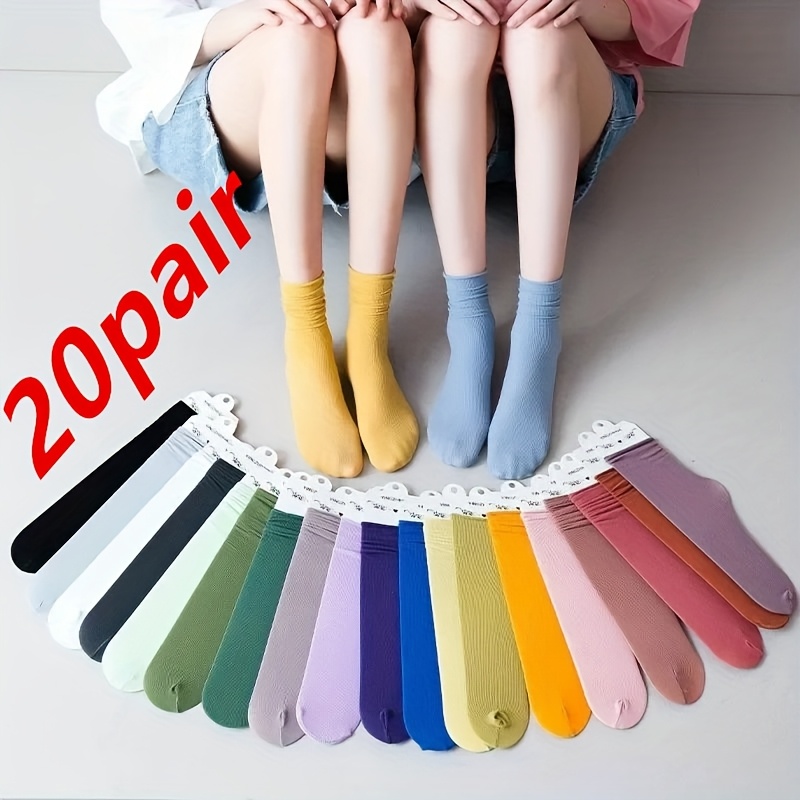 E-shop 20 Paar Damen Eis-Dünne Wadensocken - Atmungsaktive Nylon-Sommersocken mit Seitenschläufen, Einfarbige College-Mode-Socken für den (Verschiedene