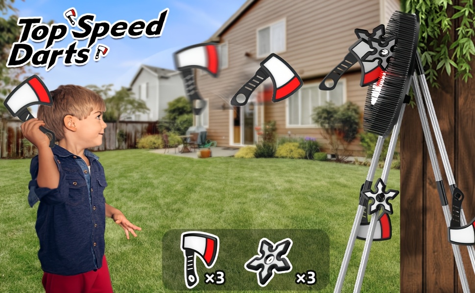 TopSpeed Darts Black Series Axe Throwing Game Set - Includes 3 Plastic Axes, Adjustable Collapsible Stand & Bristle Target, Safe for Indoor & Outdoor Play, Fun Sports Toss Game for Adults & Youngsters, Red/Black Silicone