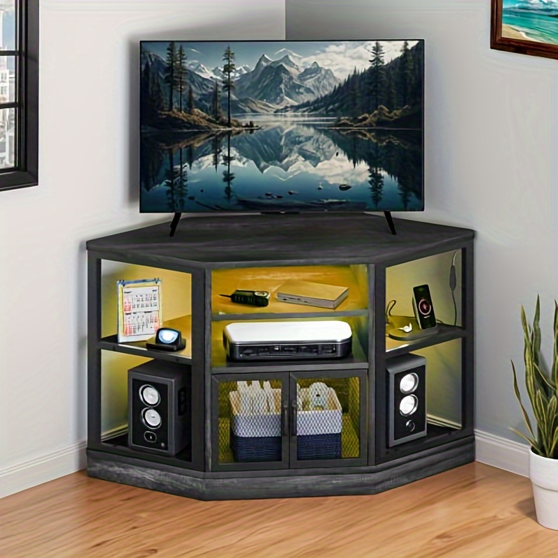 OutdorBliss Corner TV Stand LED TV Stand for TVs Up to 55 Inch Entertainment Center with Movable Partition Power Outlet and 24 Color LED Strip for