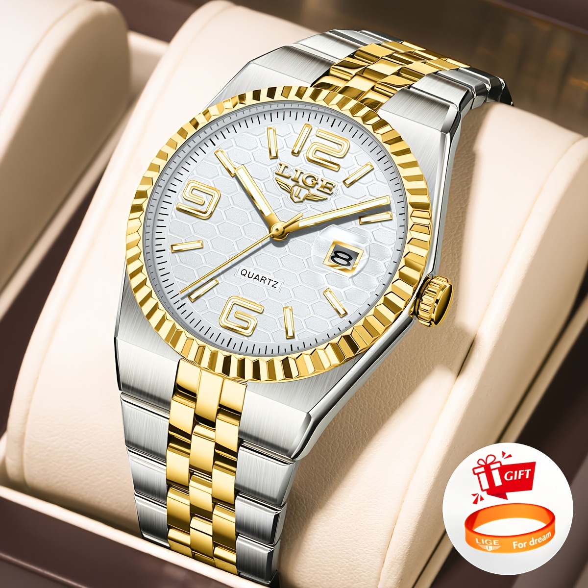 Lige Men's Calendar Stainless Steel Strap Watch