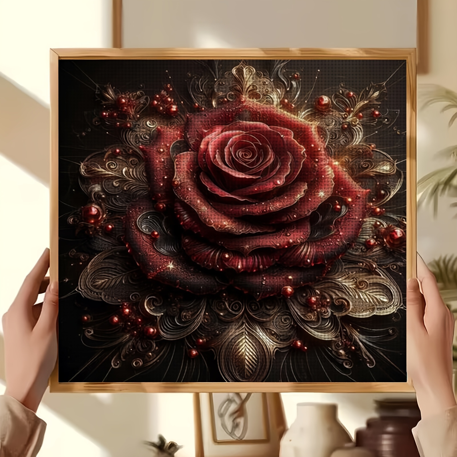 DIY Cross Stitch Print Kit, Frameless, Luxury Red Rose Decoration