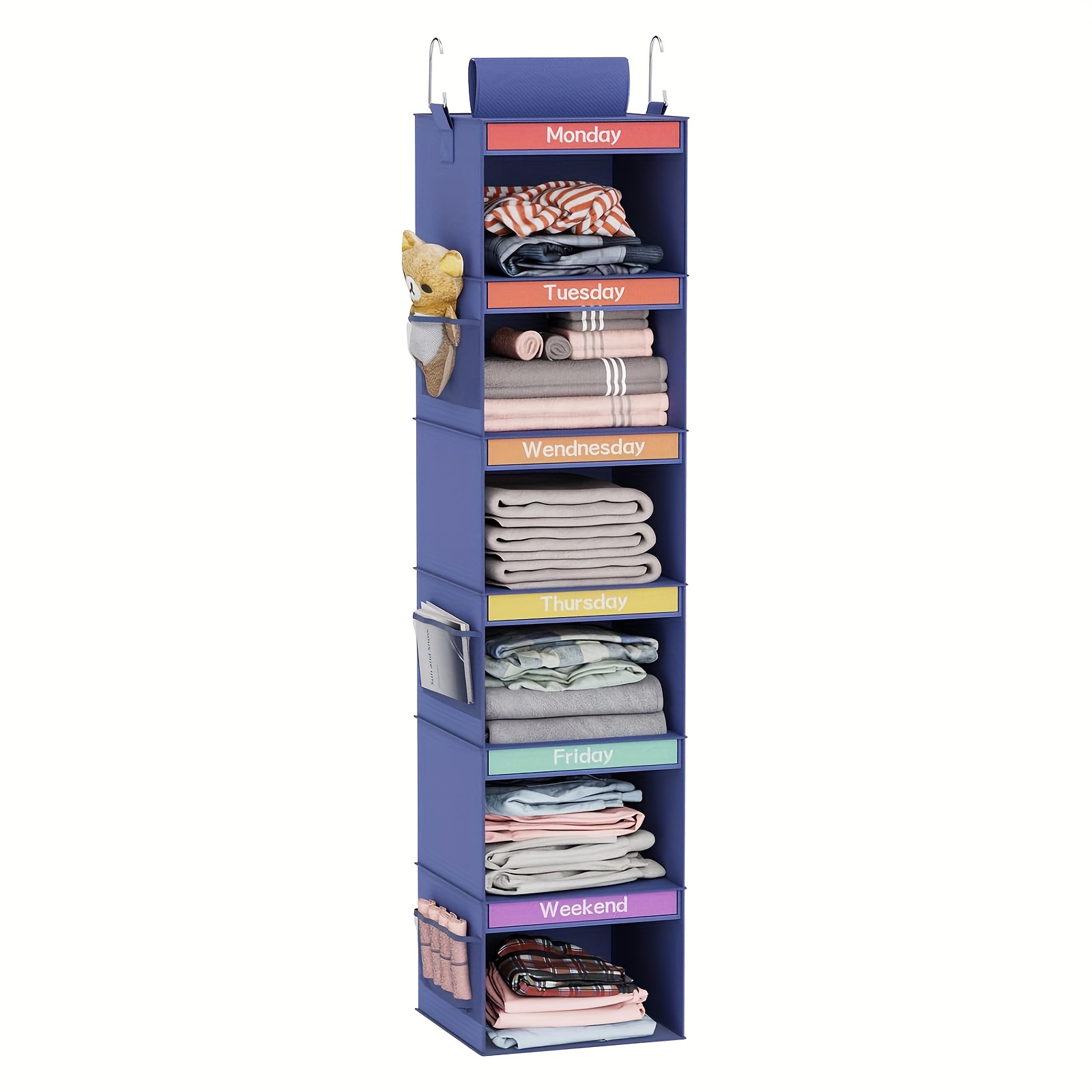 

6-shelf Blue Weekly Hanging Closet Organizer With 6 Side Pockets, Organizers Monday Through Friday Clothes Foldable Hanging Storage Shelves, 11.8 X 11.8 X 53.3in
