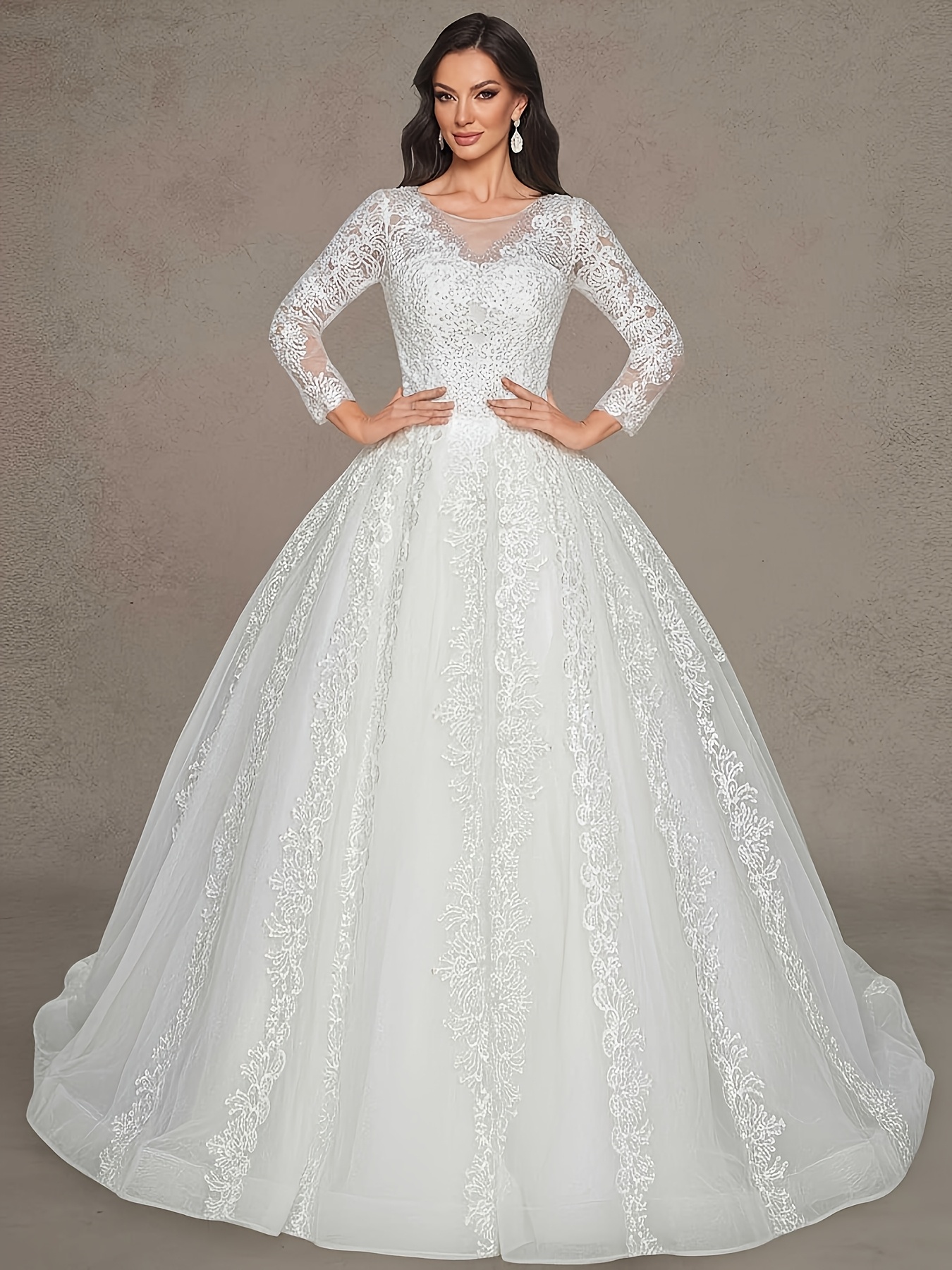Long-sleeve Lace Backless Wedding Dress with Train, Waist-cinching Design,  White Mesh Bridal Gown