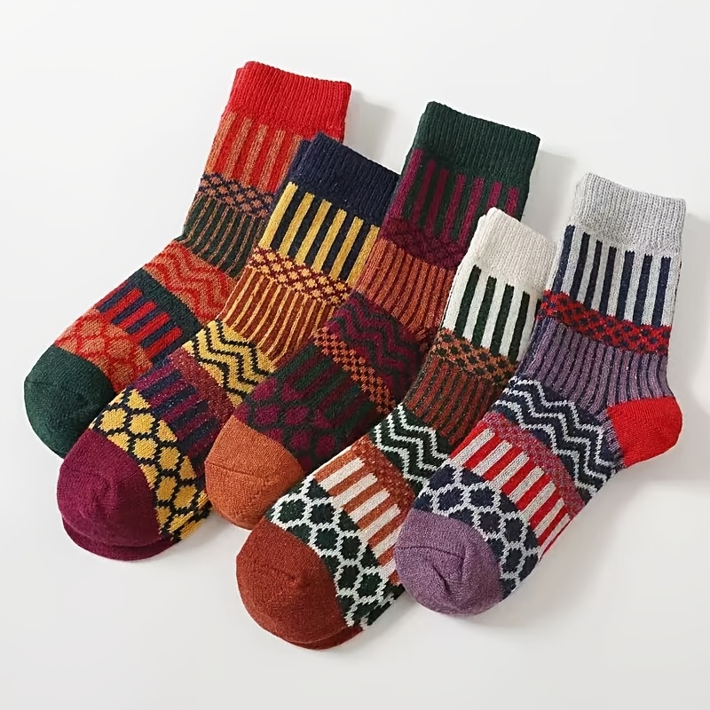 Image of 5-pair Set Of Autumn/winter Thickened Warm Women's Rabbit Wool And Sheep Wool Mid-calf Socks, European And