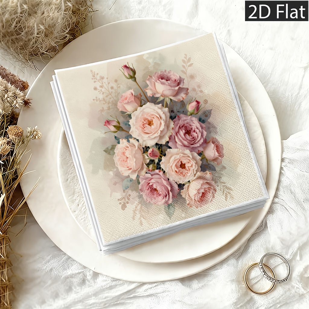 TEMU Serviettes de papier jetables 2D plates, 20 pièces, style aquarelle floral pastel , 2 épaisseurs pour une extra durabilité - Parfaites pour ,