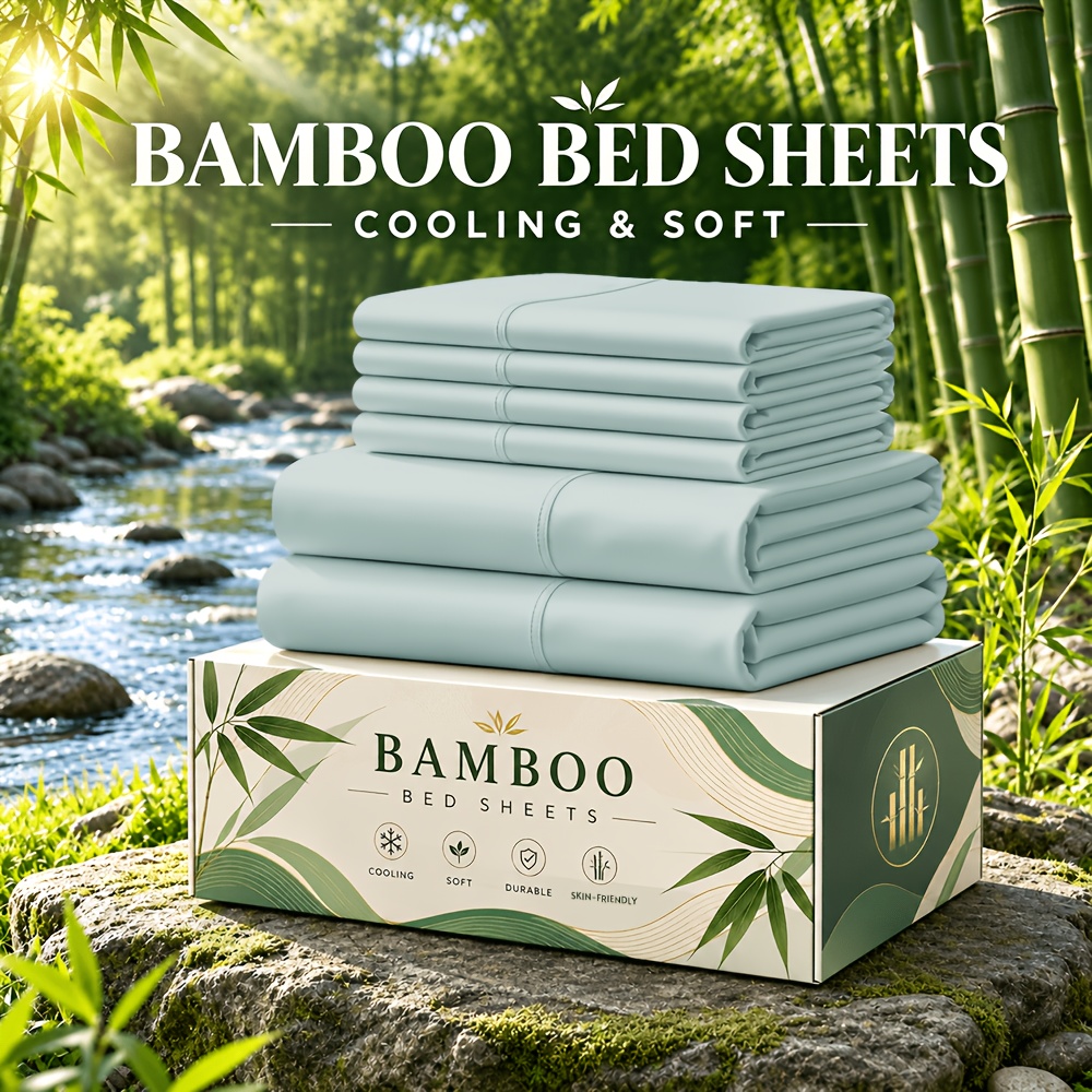 TEMU 4/6pcs Deep Pocket Cooling Bamboo Sheet Set, Luxurious And , Breathable, 16 Inch Extra Deep Pocket, Twin, Full, Queen, King, Multiple Colors