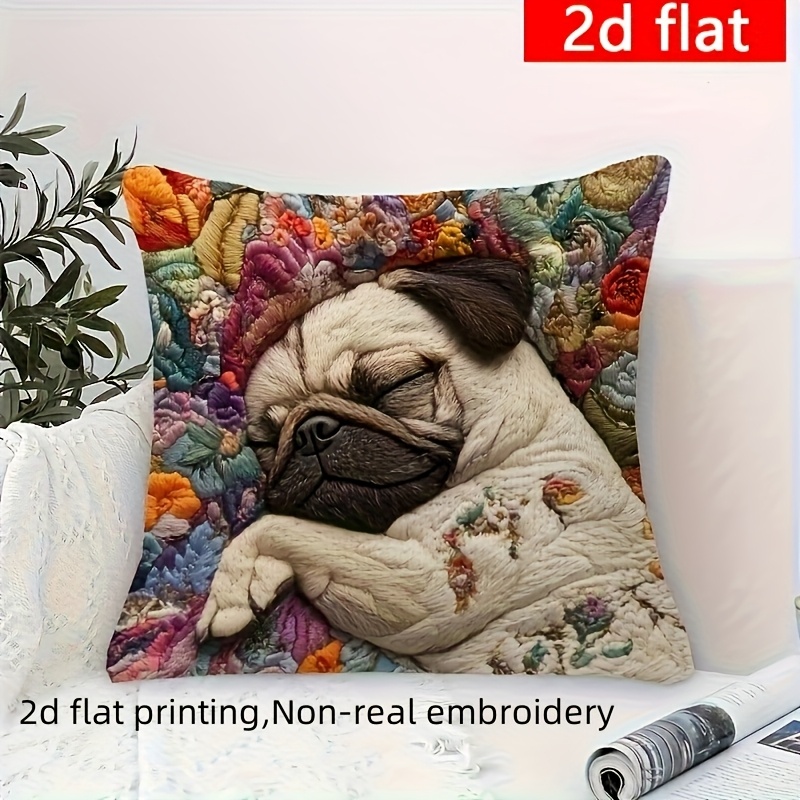 TEMU Housse de coussin plate 2D - Un design de bouledogue imprimé sur une housse de coussin plate 2D mesurant 18X18 pouces - Avec un quilting floral