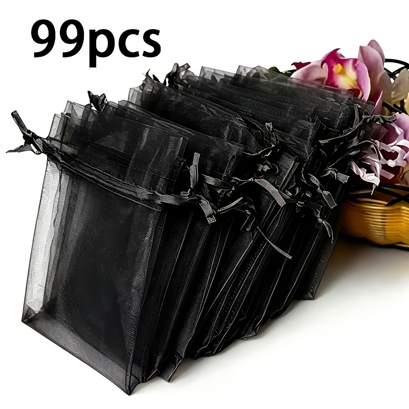 TEMU Lot de 99 sacs cadeaux en organza noir transparent avec fermeture à cordon - Convient pour les cocardes de mariage, les fournitures de fête, les