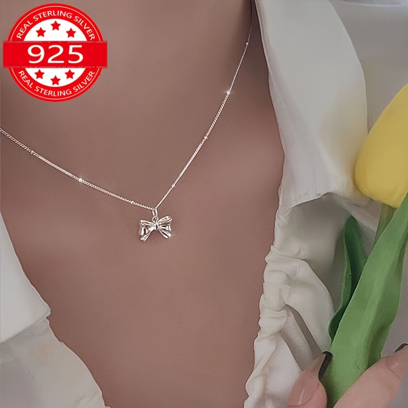 

Sterling Silver 925 Bow Necklace, Elegant Pendant, 15.7+1.96in Adjustable Chain, Chic Clavicle Jewelry, Birthday Gift For Grandma, Mother, Girlfriend