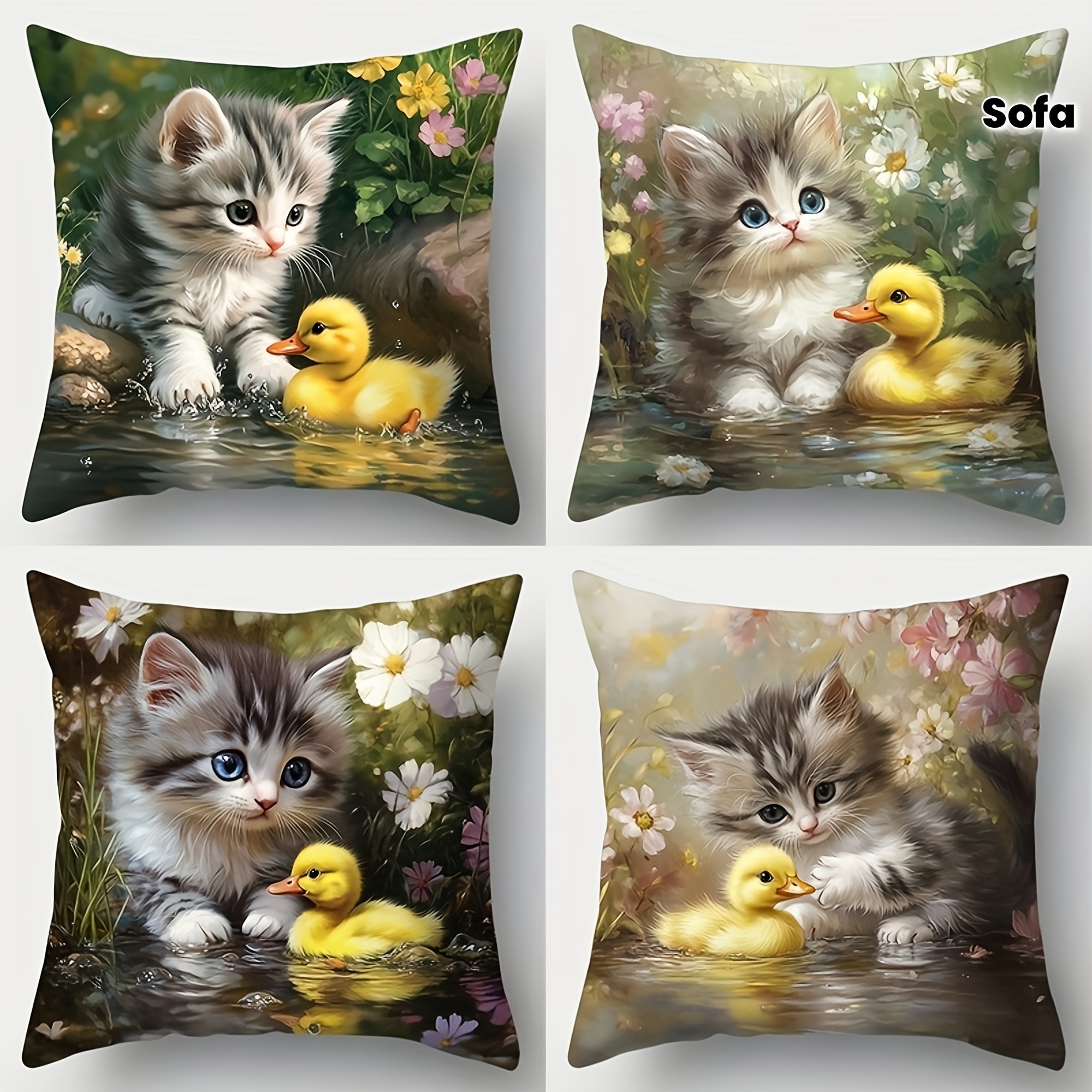 E-shop 4 Stück Niedliche Katzen- & Enten-Kissenbezüge Geeignet für Sofa - Zeitgenössische Doppelseitig Bedruckte Dekorative Kissenhüllen mit