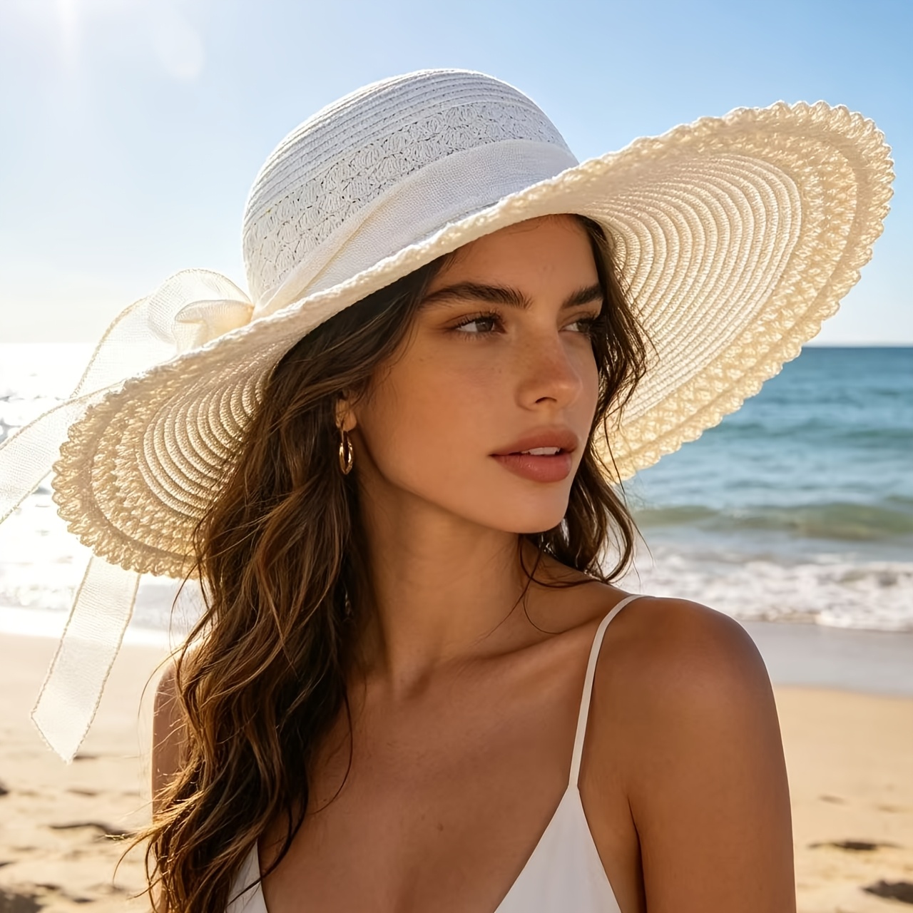 TEMU 1 Sombrero de Sol de Paja Natural Transpirable Estilo Coreano para Mujer, Cortavientos y Drapeado, Plegable Portátil de Fácil Almacenamiento,