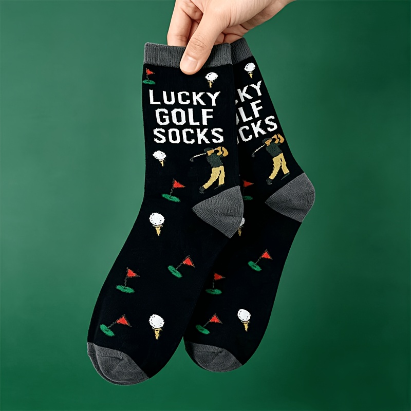 TEMU A Pc Of 1 Pair Of Men's Beige Patterned Golf Socks - Fun Mid-calf Socks Featuring Golf Balls And Flag Designs, Made From Breathable Material,
