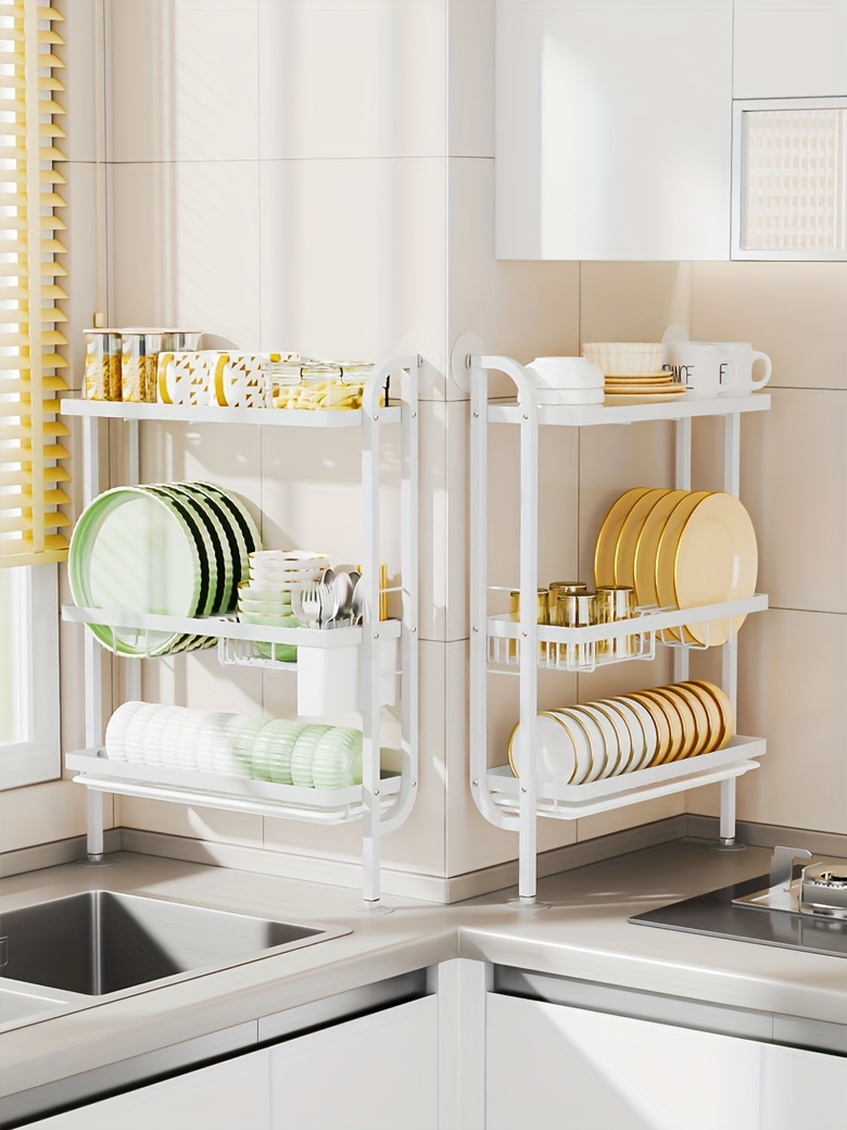 Elegant White Kitchen Dish Rack Pull-Out Drain Tray, No-Drill  Installation, Carbon Steel Plastic, Space-Saving Wall Corner Design