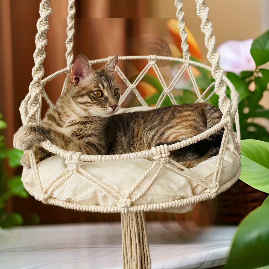 

Bohemian Hand-woven Cat Hammock - Cozy Swing Bed For Small Pets, Wall-mounted Pet Cradle, Perfect Christmas Gift, Linen Material, Removable Polyester Cotton Pad Not Included