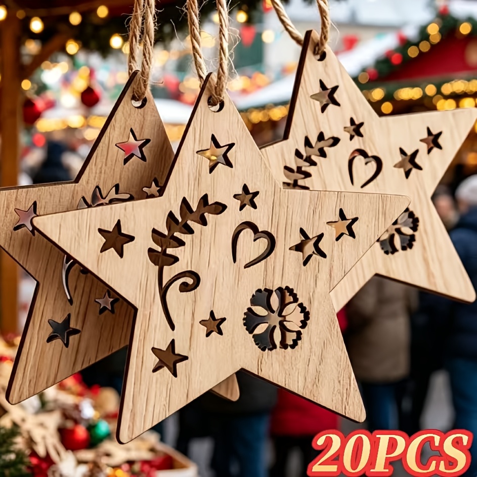 TEMU 20pcs Set Of Hollow-out Star-shaped Wooden Hanging Ornaments, Complete With Jute Rope Accessories. Create A Warm, Forest-inspired Atmosphere And
