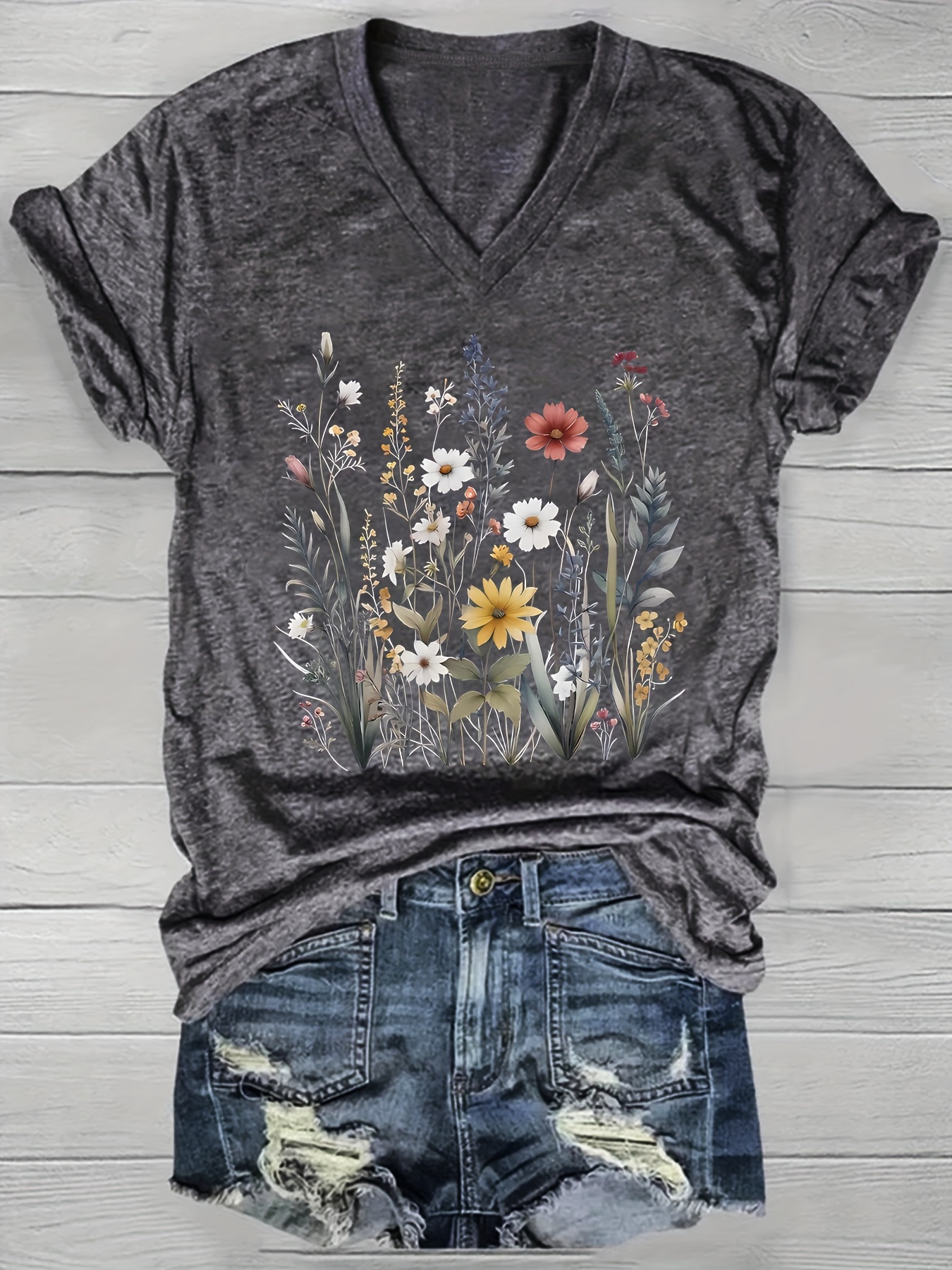 2024 Cross-border European and American Women's V-Neck Loose Casual Short Sleeve Top Layering T-Shirt
