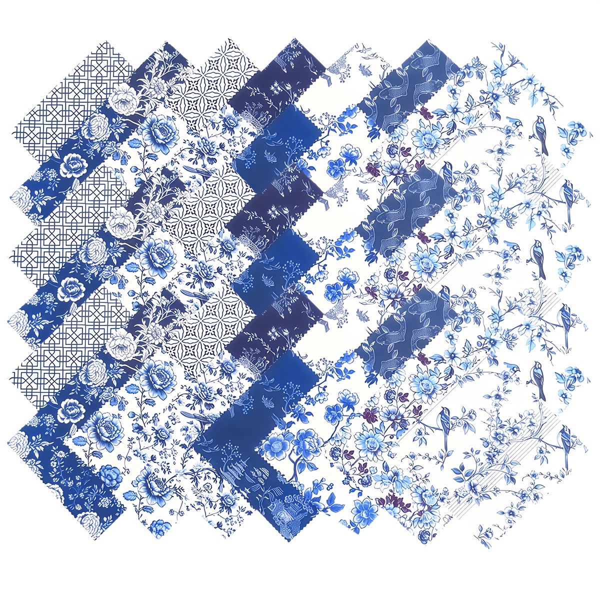 42pcs Blue And White Porcelain Floral Fabric Scraps, 5 X 5 Inches Each (1 Set With 14 Designs, 3pcs Design) - Ideal For Quilting, Sewing, Scrapbooking, Holiday Gifts