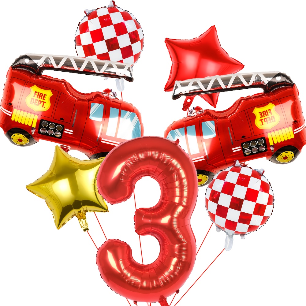 7pcs Fire Truck Balloon Set, Red Number Balloons, Suitable For Fire Theme Party Decoration, Birthday Party Decoration, Home Decoration, Ambiance Setup