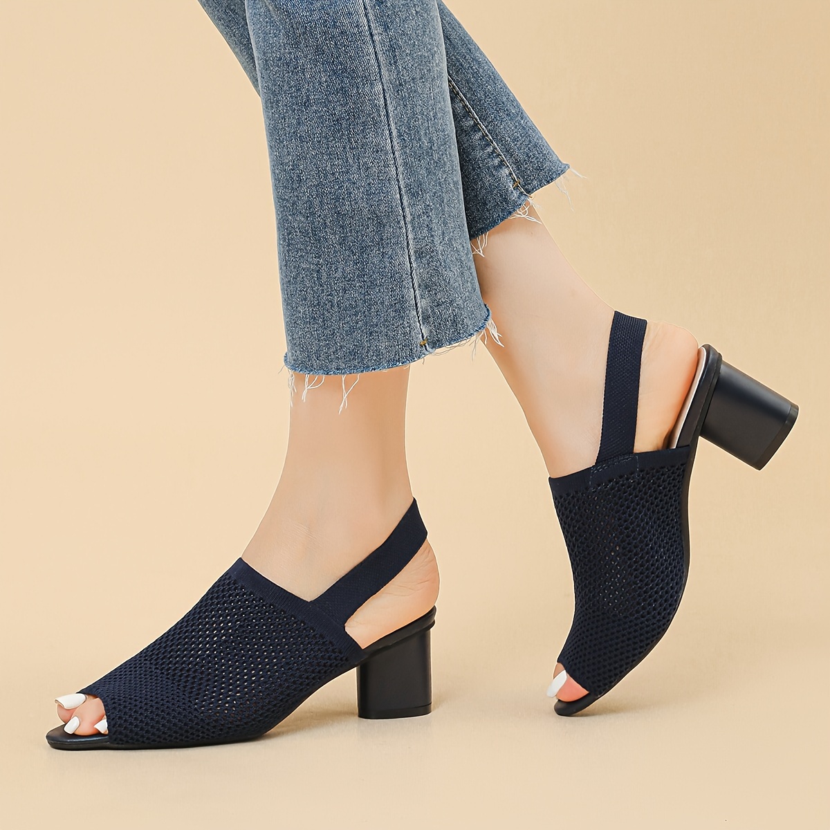 Women's Open-Toe Fish Mouth Cut-Out Breathable Fabric High Heel Chunky Heel Sandals with Open Back and Single Strap, Casual Plus Size Sandals, Women Shoes