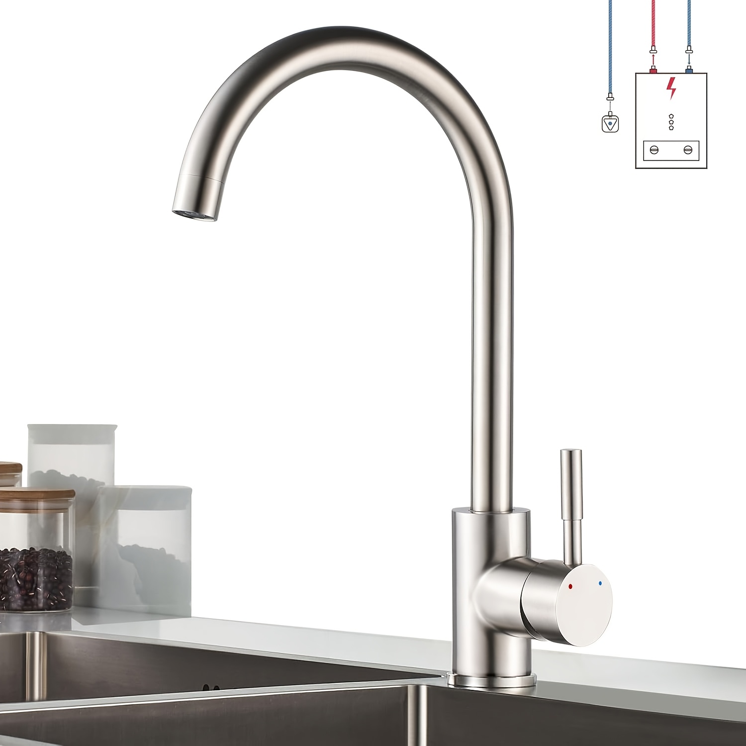 Image of Kitchen Faucet, , Kitchen Mixer Tap With High Arc, Single Lever Tap, Stainless Steel, G3/8 Connection Fitting, For Boiler Or Under-sink Devices, Kitchen Tap Fitting