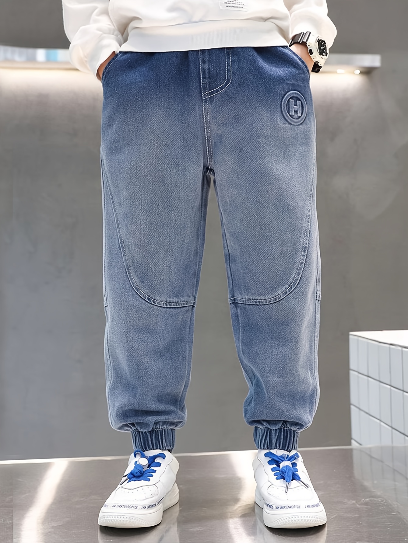 boys denim jogger jeans high waist elastic cuffs casual Temu