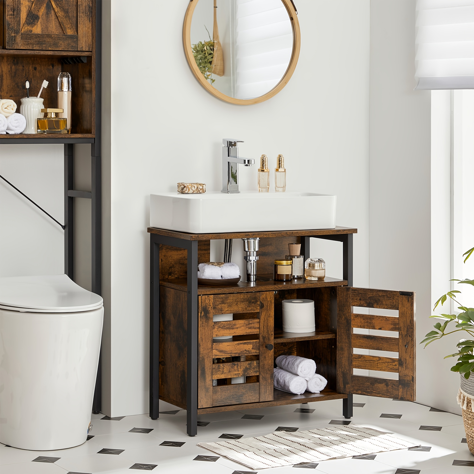 TEMU Armoire Sous Évier, Armoire de Salle de Bain, Placard de Rangement, 60 x 30 x 60cm, avec Cadre en Acier, Portes à Lamelles, Panneau Réglable